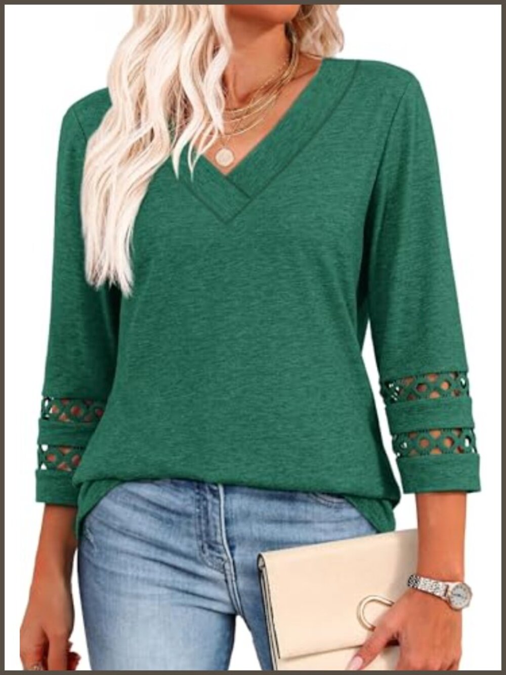 Womens 3/4 Sleeve V Neck Lace Detail Blouse Loose Fit Casual Top